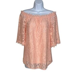 MIHOLL Floral Lace Off the Shoulder Blouse in Soft Peach | Large